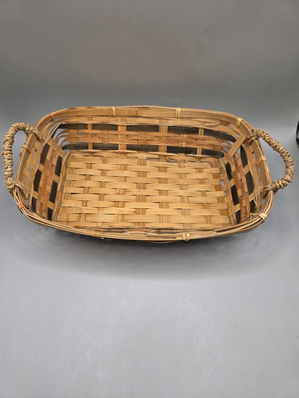 Vintage Handwoven Split Reed Gathering Basket Tray Twisted Seagrass Handles